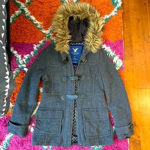 American Eagle Wool Pea Coat with Fur Hood